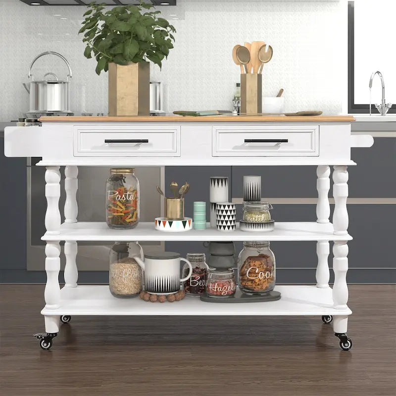 Solid Wood Rolling Kitchen Island Cart with Drawers and Open Shelves