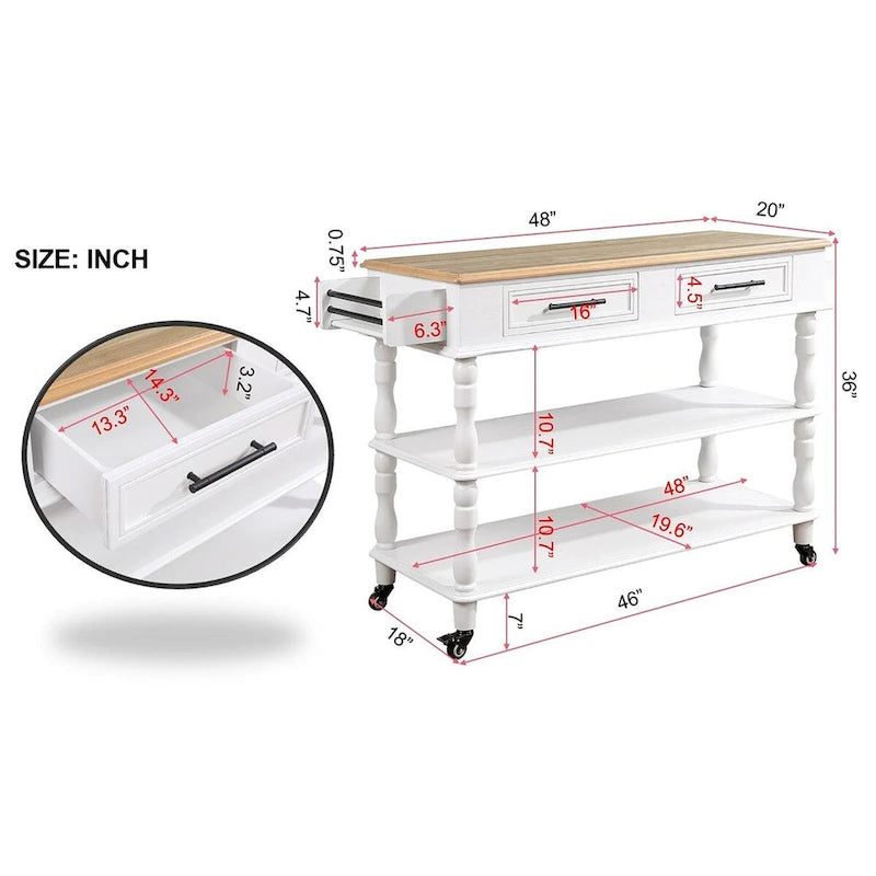 Solid Wood Rolling Kitchen Island Cart with Drawers and Open Shelves