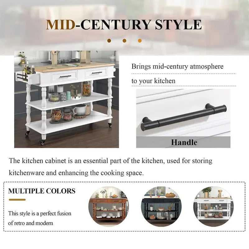 Solid Wood Rolling Kitchen Island Cart with Drawers and Open Shelves