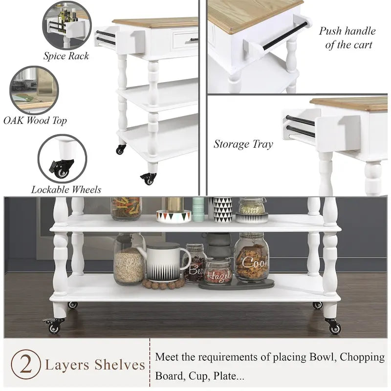 Solid Wood Rolling Kitchen Island Cart with Drawers and Open Shelves