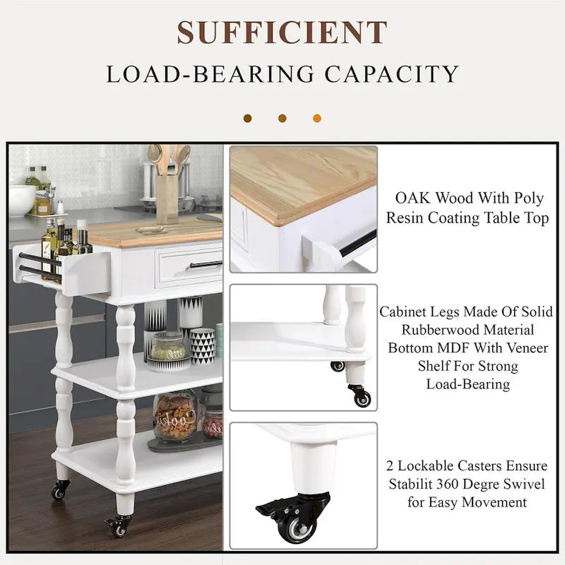 Solid Wood Rolling Kitchen Island Cart with Drawers and Open Shelves