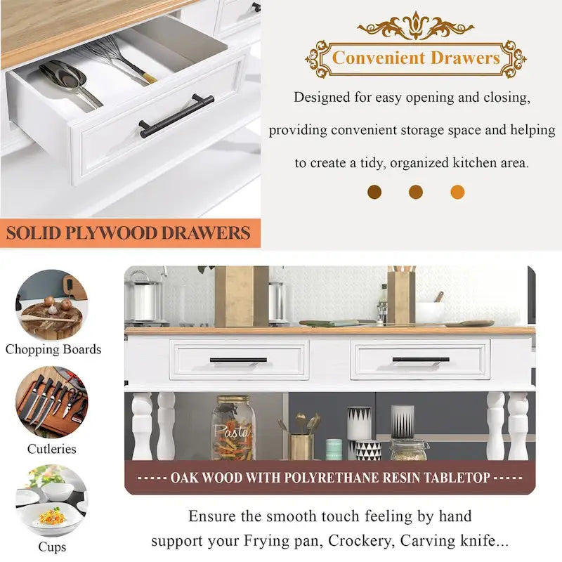 Solid Wood Rolling Kitchen Island Cart with Drawers and Open Shelves