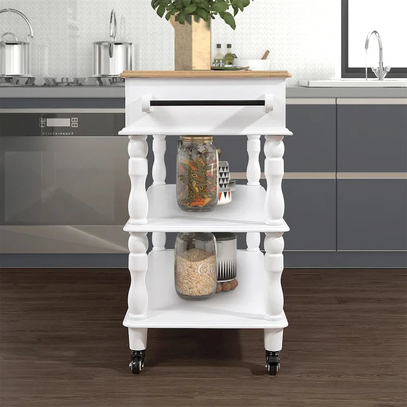 Solid Wood Rolling Kitchen Island Cart with Drawers and Open Shelves