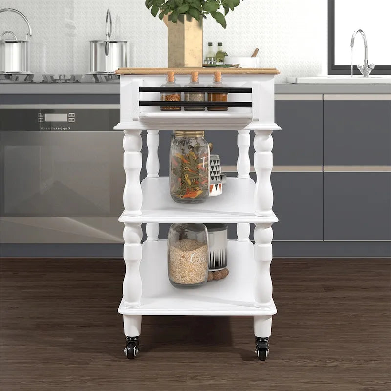Solid Wood Rolling Kitchen Island Cart with Drawers and Open Shelves