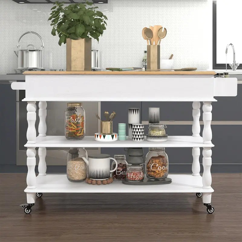 Solid Wood Rolling Kitchen Island Cart with Drawers and Open Shelves