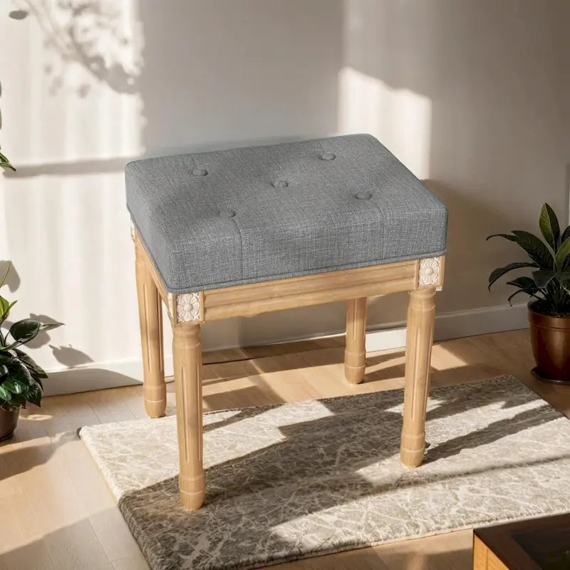 Button Tufted Upholstered Accent Stool with Carved Wood Frame, Beige