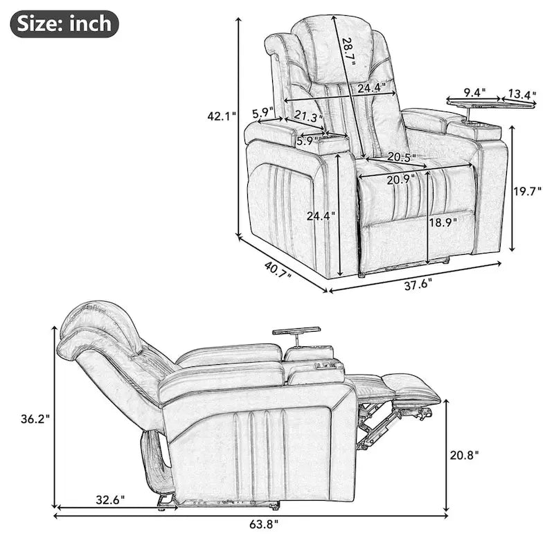 Power Recliner Chair with Adjustable Headrest, USB Port, Storage Arms, Cup Holder and Swivel Tray Table in Black or Brown