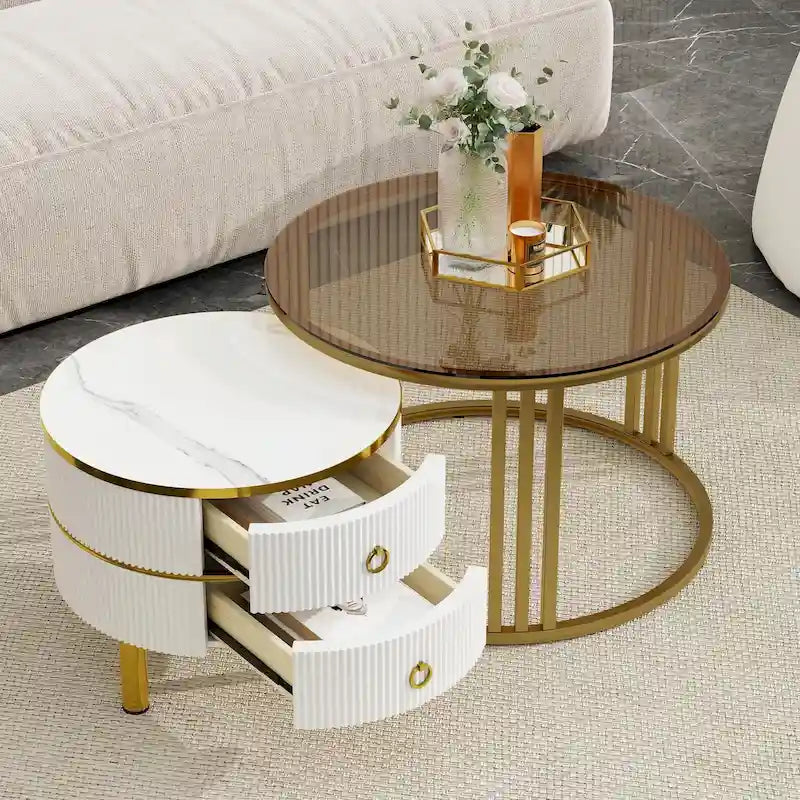 Round Nesting Coffee Table with Tempered Glass Top and 2 Drawers, Gold and White