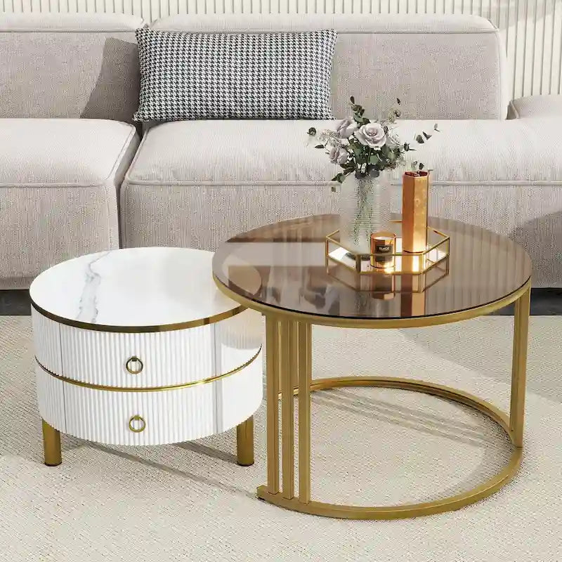 Round Nesting Coffee Table with Tempered Glass Top and 2 Drawers, Gold and White