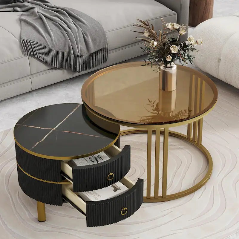 Round Nesting Coffee Table with Tempered Glass Top and 2 Drawers, Gold and White