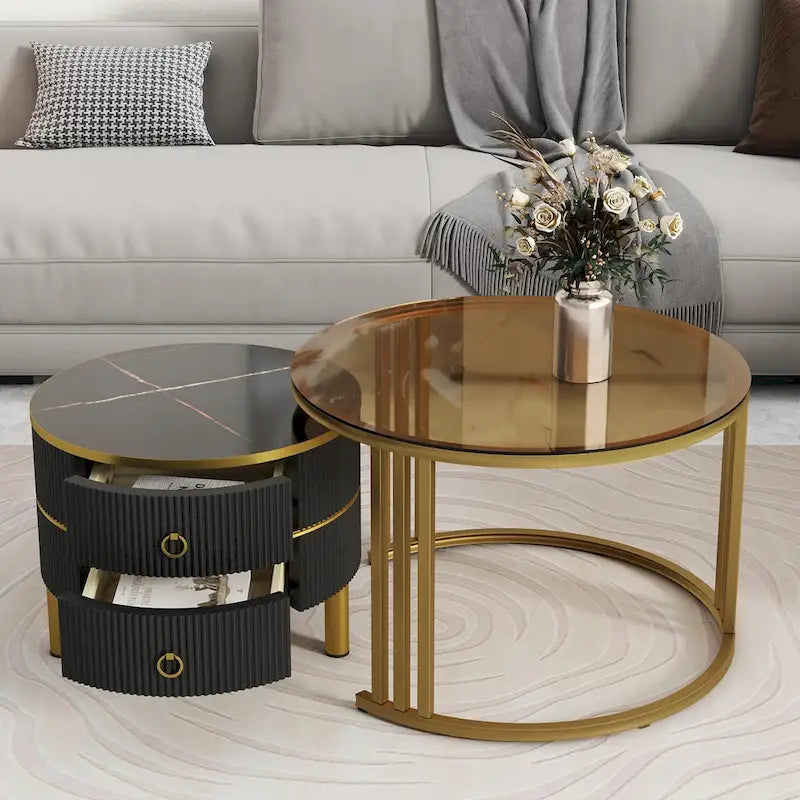 Round Nesting Coffee Table with Tempered Glass Top and 2 Drawers, Gold and White