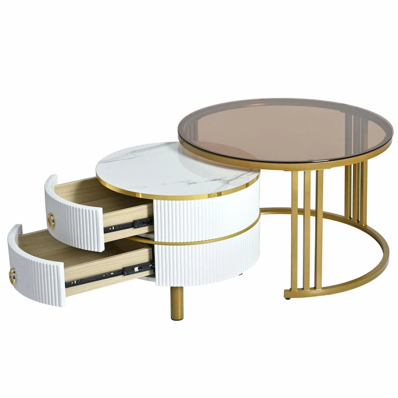 Round Nesting Coffee Table with Tempered Glass Top and 2 Drawers, Gold and White