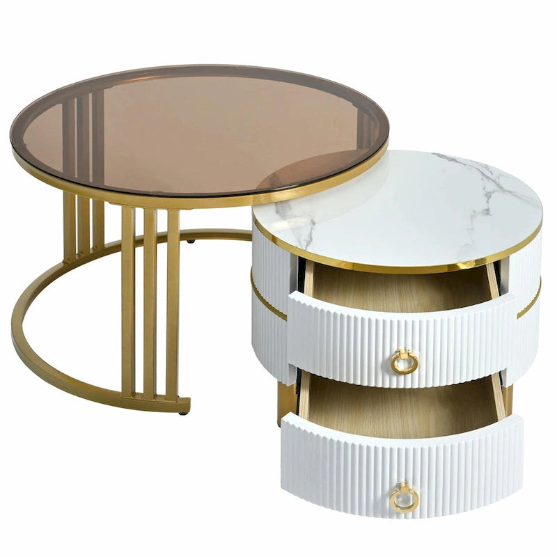 Round Nesting Coffee Table with Tempered Glass Top and 2 Drawers, Gold and White