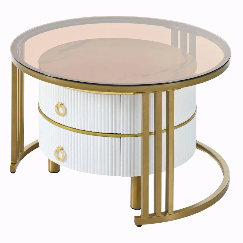 Round Nesting Coffee Table with Tempered Glass Top and 2 Drawers, Gold and White