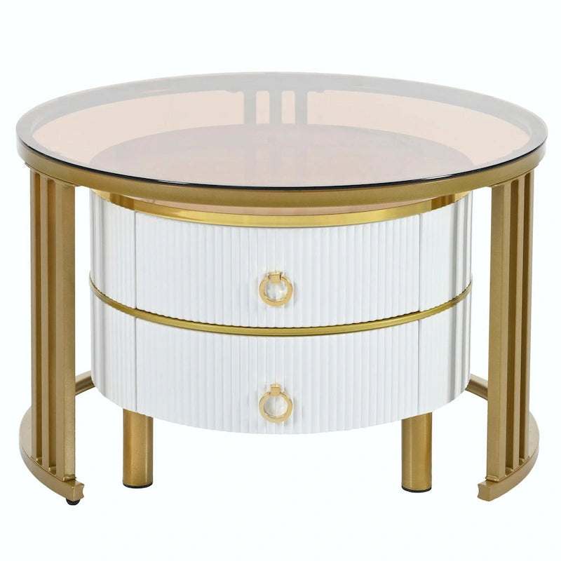 Round Nesting Coffee Table with Tempered Glass Top and 2 Drawers, Gold and White