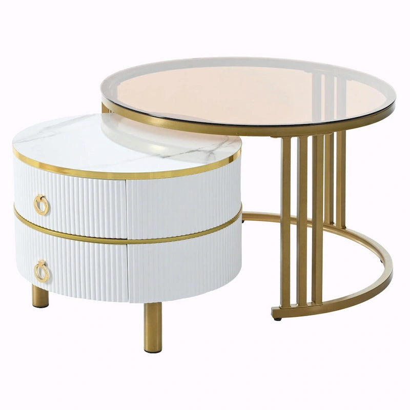 Round Nesting Coffee Table with Tempered Glass Top and 2 Drawers, Gold and White