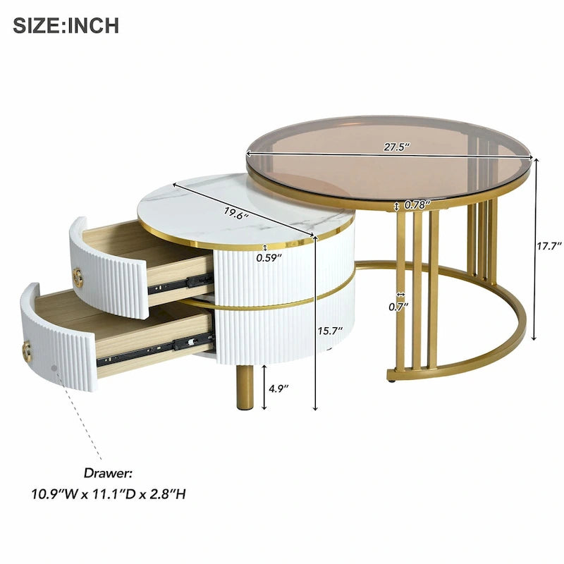 Round Nesting Coffee Table with Tempered Glass Top and 2 Drawers, Gold and White