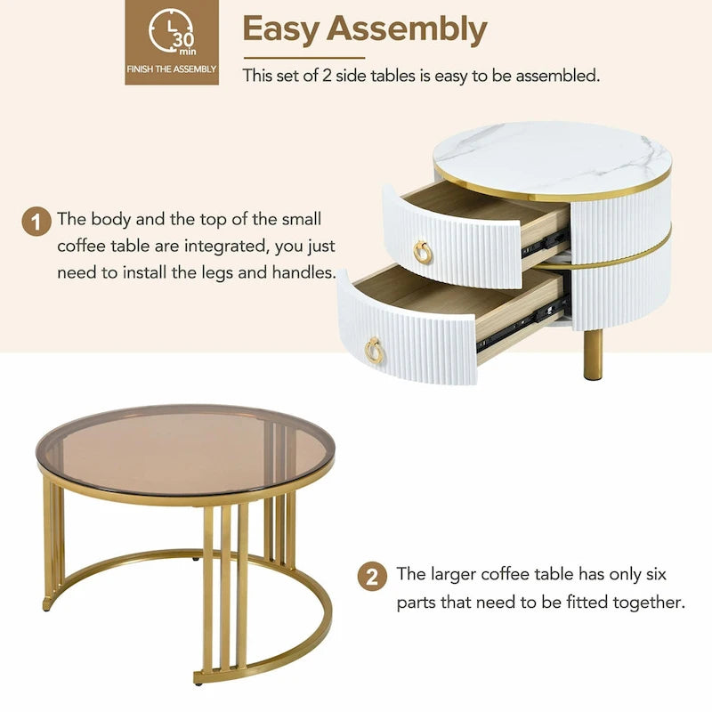 Round Nesting Coffee Table with Tempered Glass Top and 2 Drawers, Gold and White