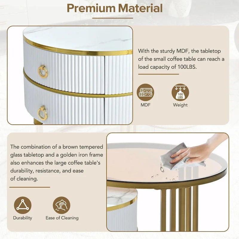 Round Nesting Coffee Table with Tempered Glass Top and 2 Drawers, Gold and White