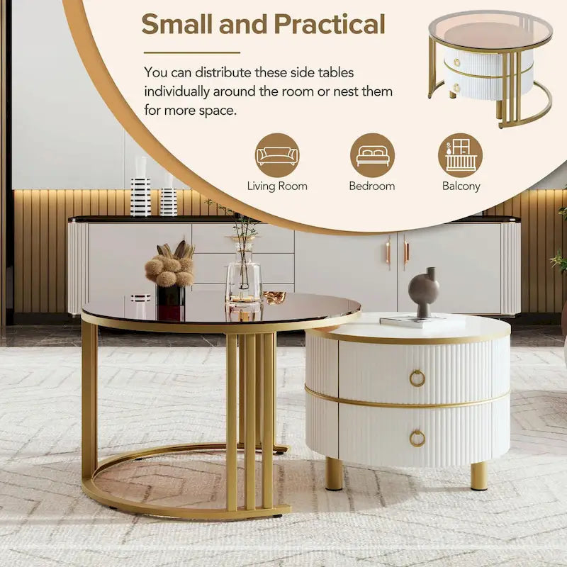 Round Nesting Coffee Table with Tempered Glass Top and 2 Drawers, Gold and White