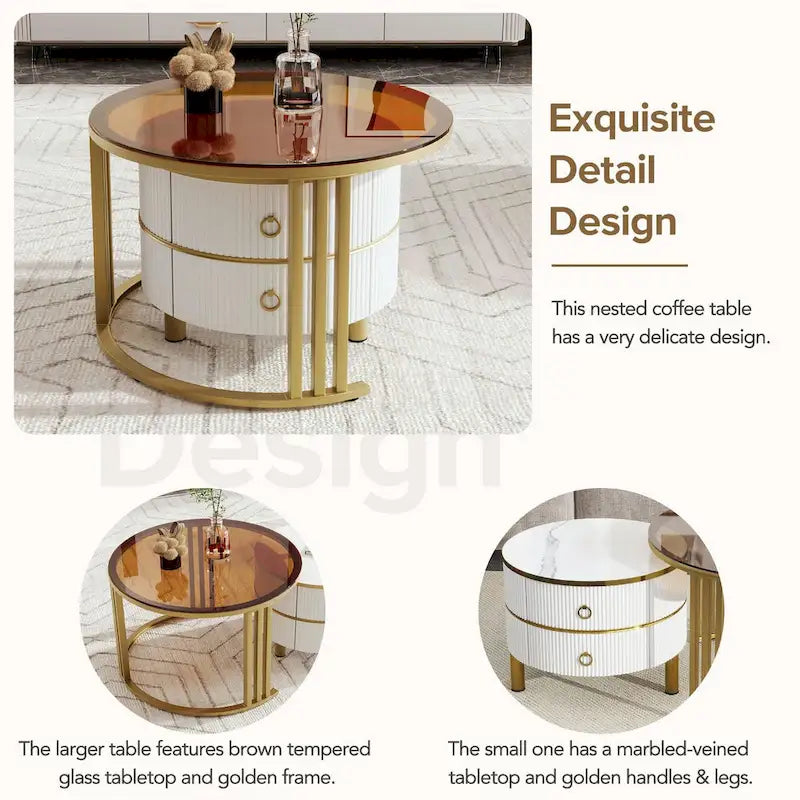 Round Nesting Coffee Table with Tempered Glass Top and 2 Drawers, Gold and White
