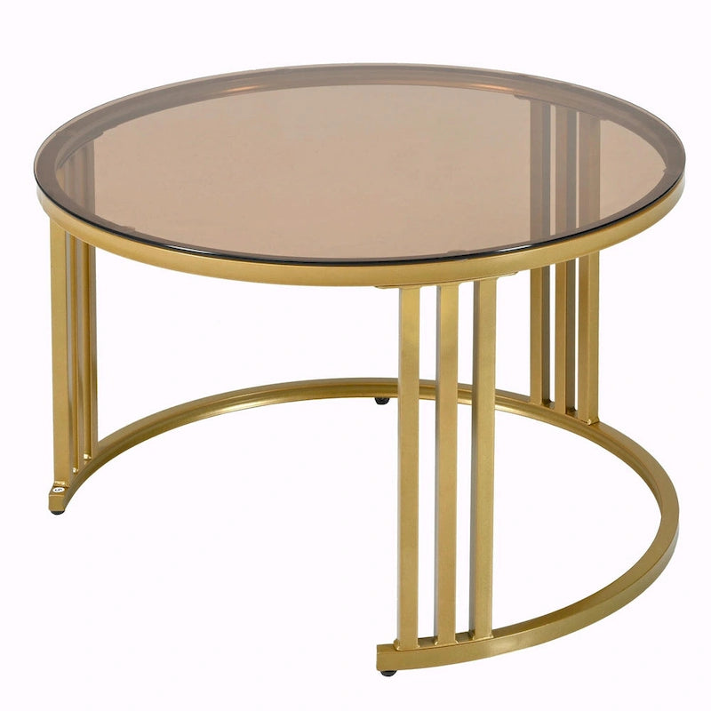 Round Nesting Coffee Table with Tempered Glass Top and 2 Drawers, Gold and White