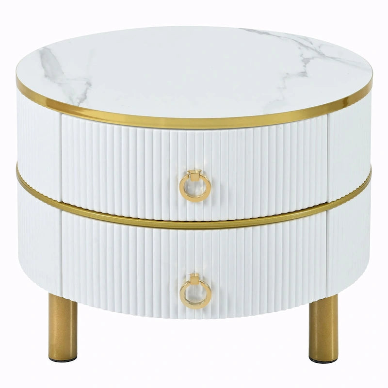 Round Nesting Coffee Table with Tempered Glass Top and 2 Drawers, Gold and White