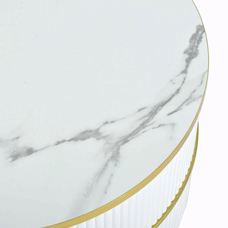 Round Nesting Coffee Table with Tempered Glass Top and 2 Drawers, Gold and White