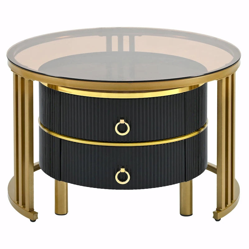 Round Nesting Coffee Table with Tempered Glass Top and 2 Drawers, Gold and White