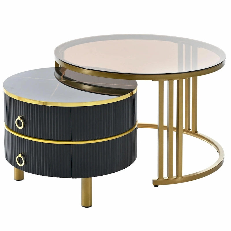 Round Nesting Coffee Table with Tempered Glass Top and 2 Drawers, Gold and White