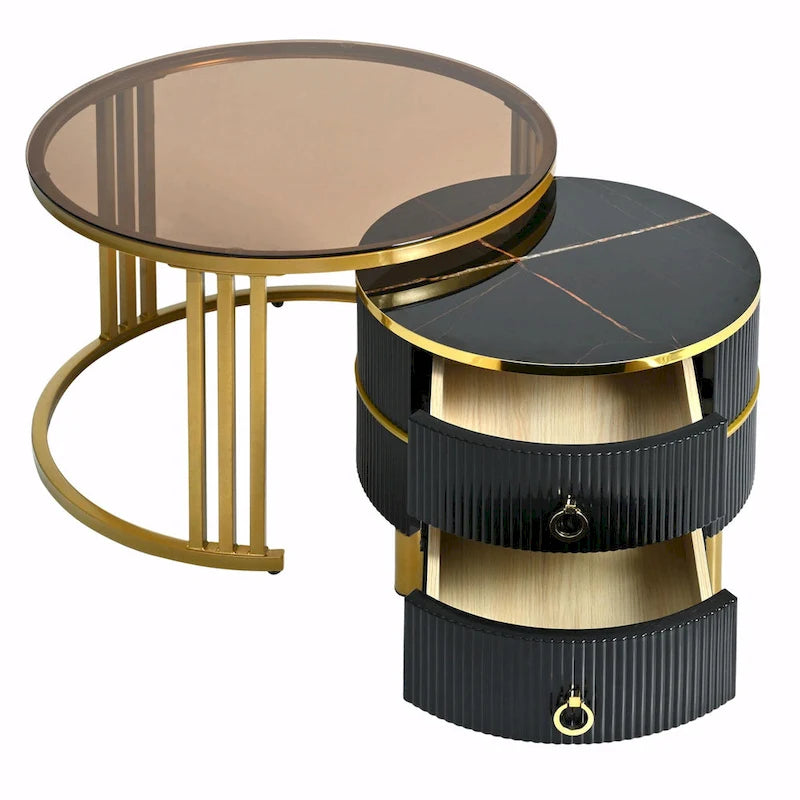 Round Nesting Coffee Table with Tempered Glass Top and 2 Drawers, Gold and White