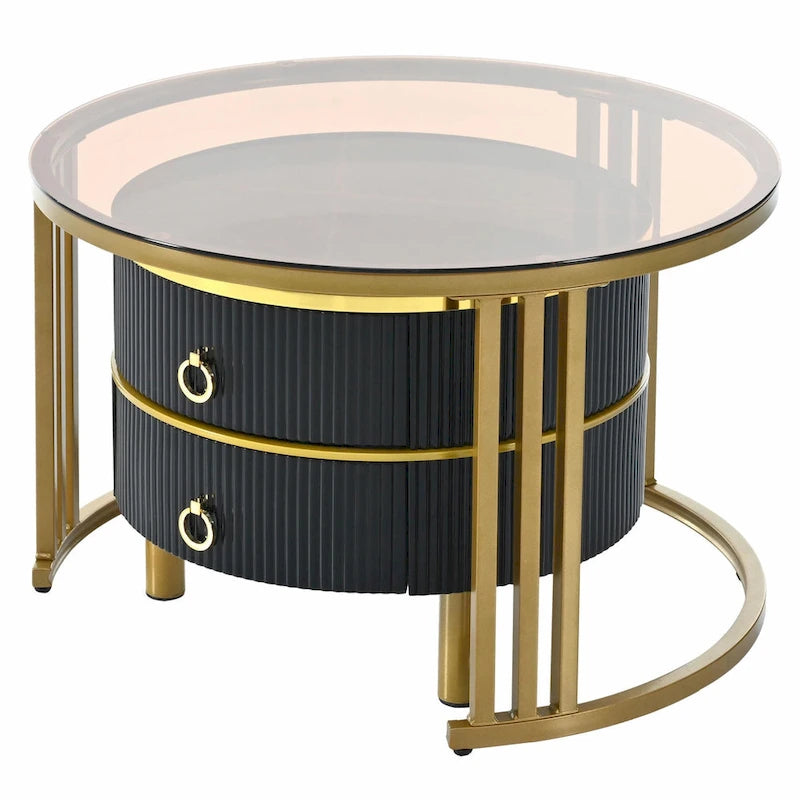 Round Nesting Coffee Table with Tempered Glass Top and 2 Drawers, Gold and White