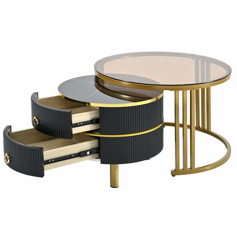 Round Nesting Coffee Table with Tempered Glass Top and 2 Drawers, Gold and White