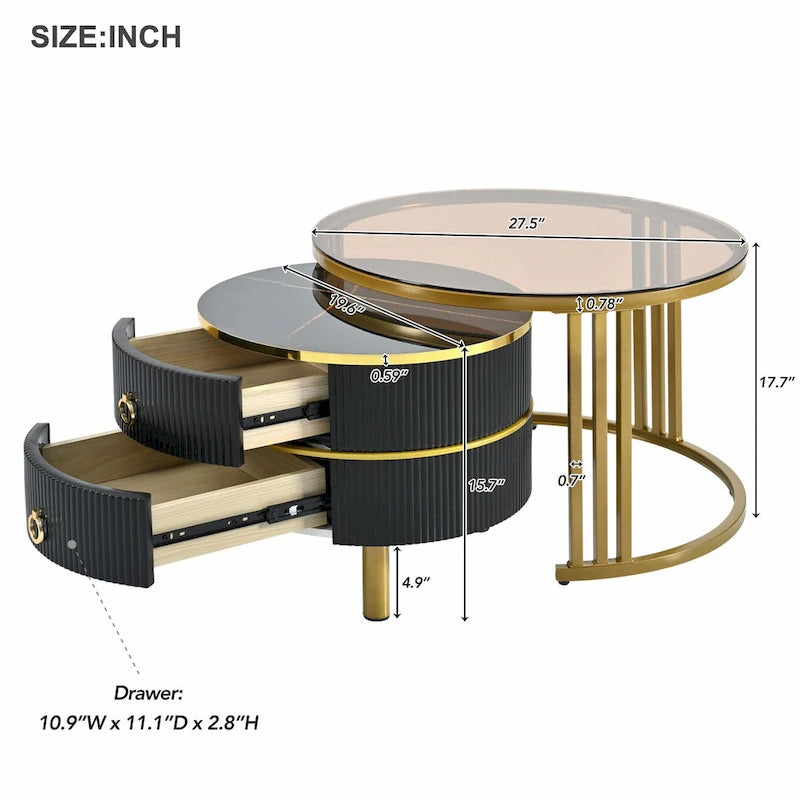 Round Nesting Coffee Table with Tempered Glass Top and 2 Drawers, Gold and White