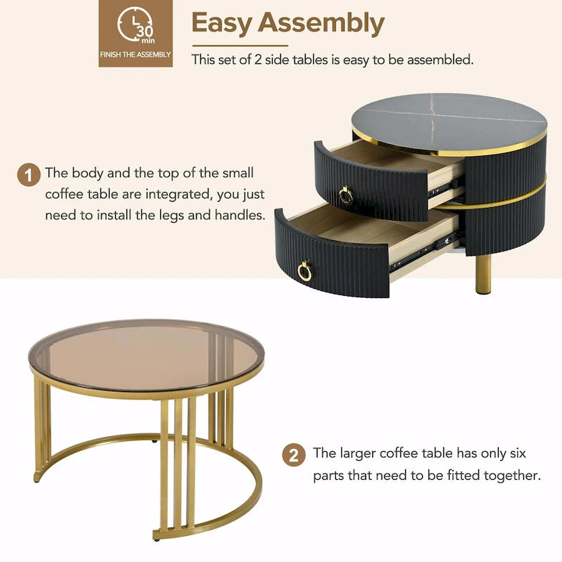 Round Nesting Coffee Table with Tempered Glass Top and 2 Drawers, Gold and White