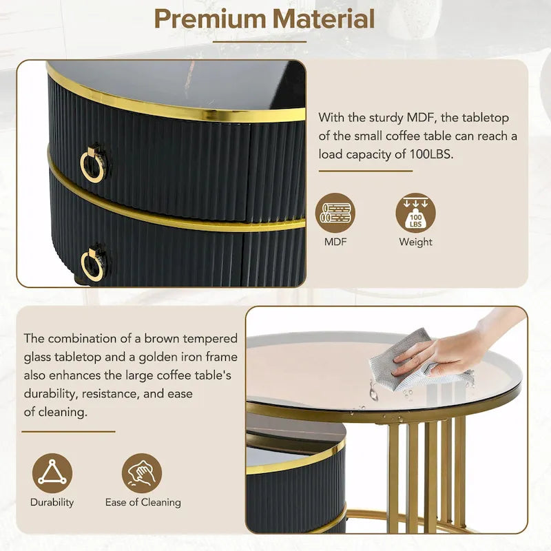 Round Nesting Coffee Table with Tempered Glass Top and 2 Drawers, Gold and White