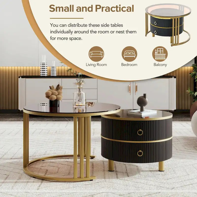 Round Nesting Coffee Table with Tempered Glass Top and 2 Drawers, Gold and White