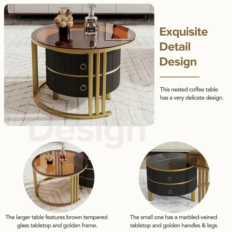 Round Nesting Coffee Table with Tempered Glass Top and 2 Drawers, Gold and White