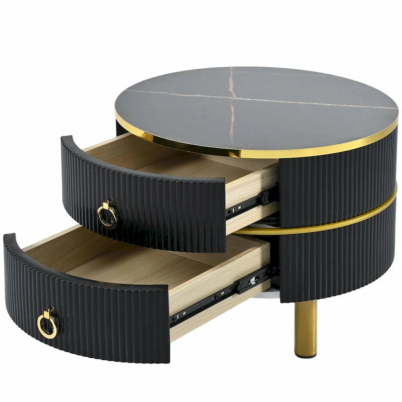 Round Nesting Coffee Table with Tempered Glass Top and 2 Drawers, Gold and White