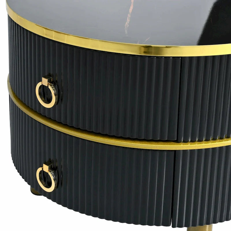 Round Nesting Coffee Table with Tempered Glass Top and 2 Drawers, Gold and White