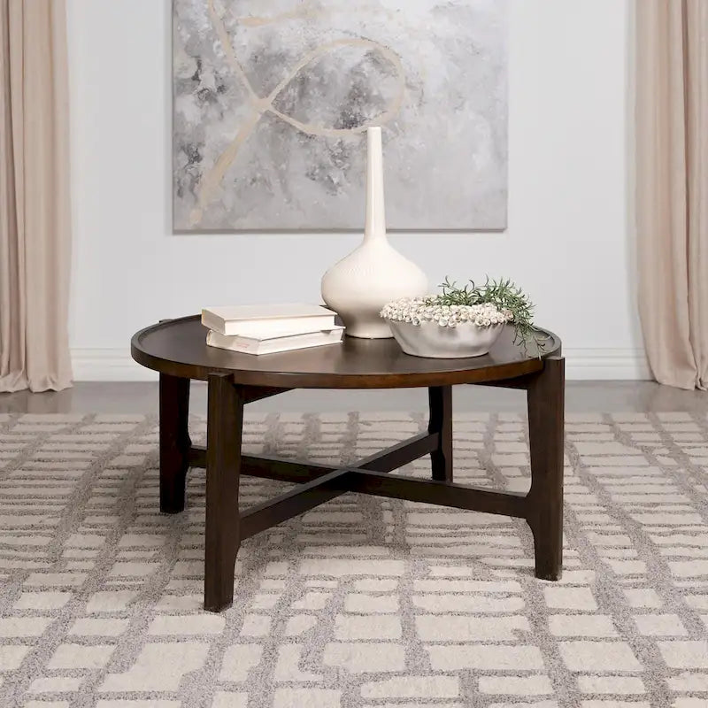 Dark Brown Round Solid Wood Coffee Table with X-Cross Legs