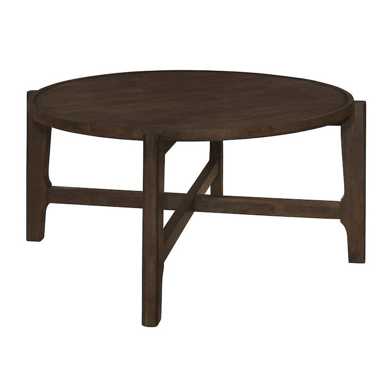 Dark Brown Round Solid Wood Coffee Table with X-Cross Legs