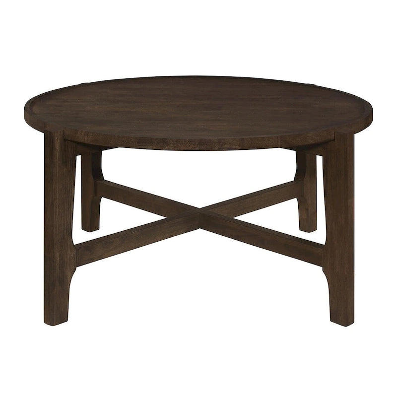 Dark Brown Round Solid Wood Coffee Table with X-Cross Legs