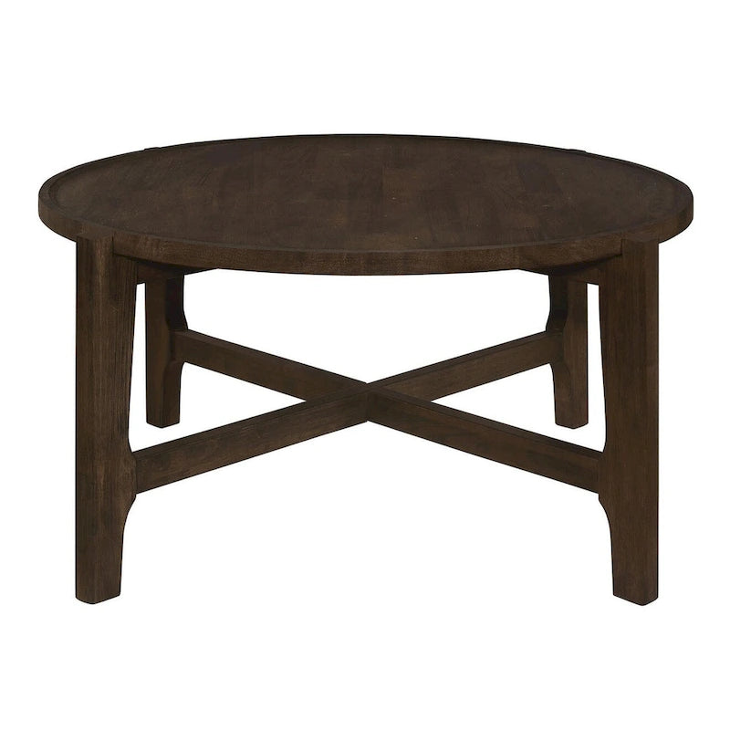Dark Brown Round Solid Wood Coffee Table with X-Cross Legs