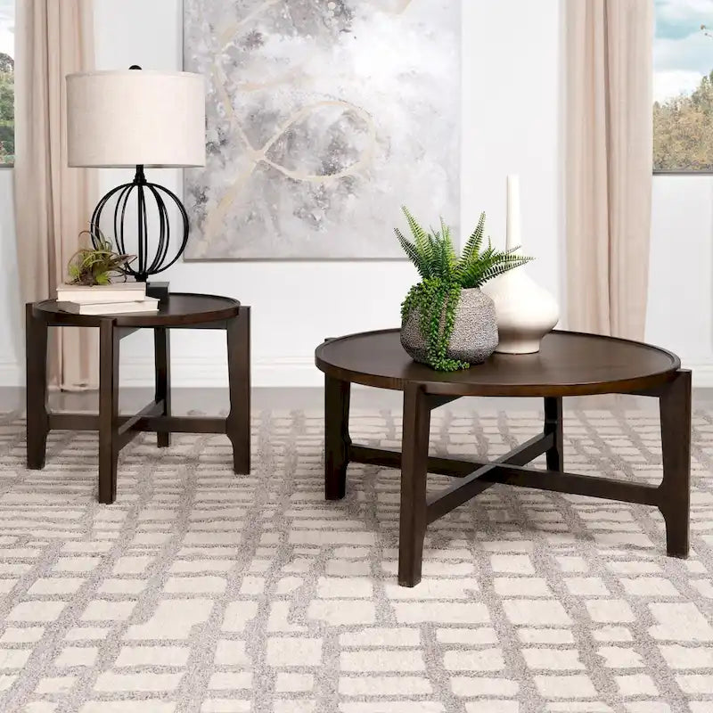 Dark Brown Round Solid Wood Coffee Table with X-Cross Legs