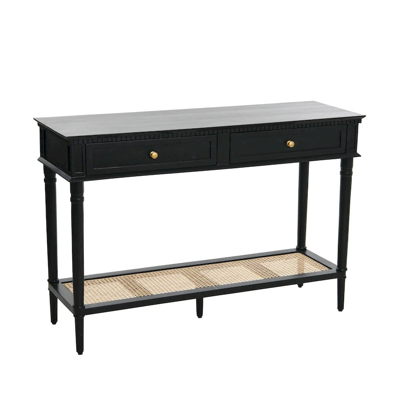 Narrow Console Table with Two Drawers and Natural Cane Shelf, Walnut Brown