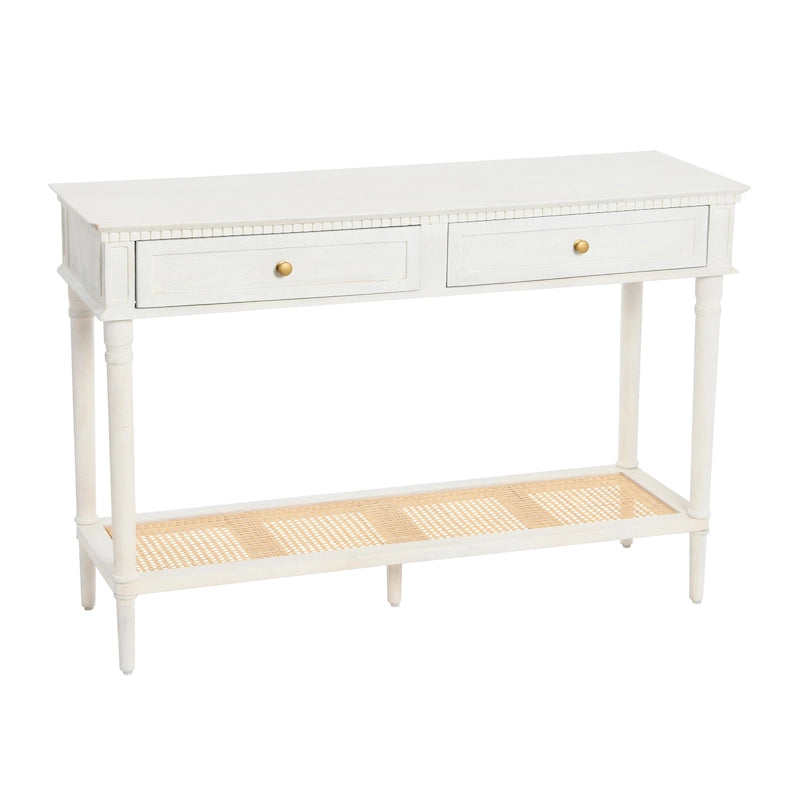 Narrow Console Table with Two Drawers and Natural Cane Shelf, Walnut Brown
