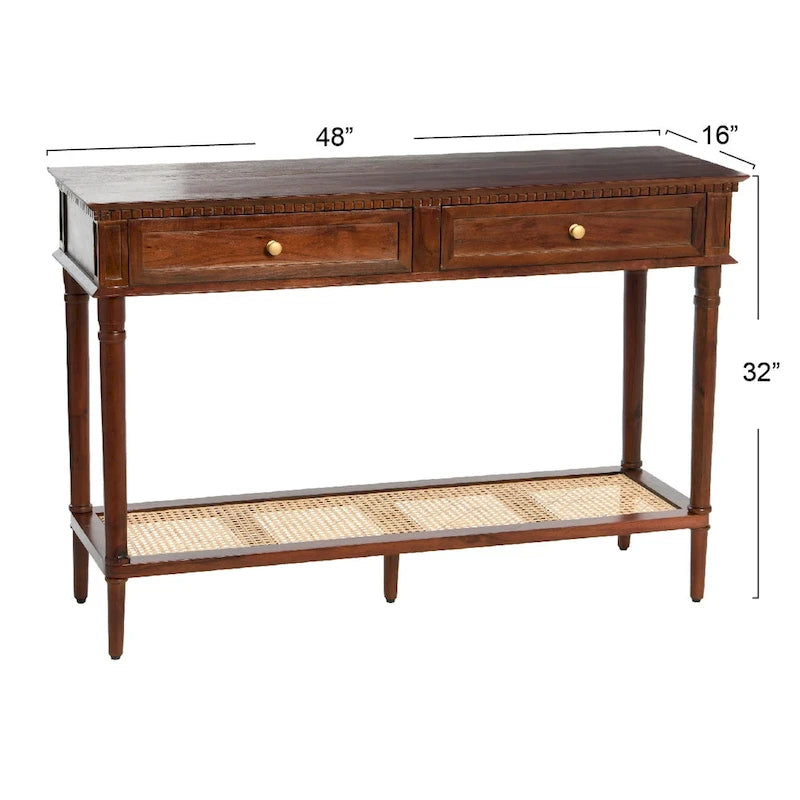 Narrow Console Table with Two Drawers and Natural Cane Shelf, Walnut Brown