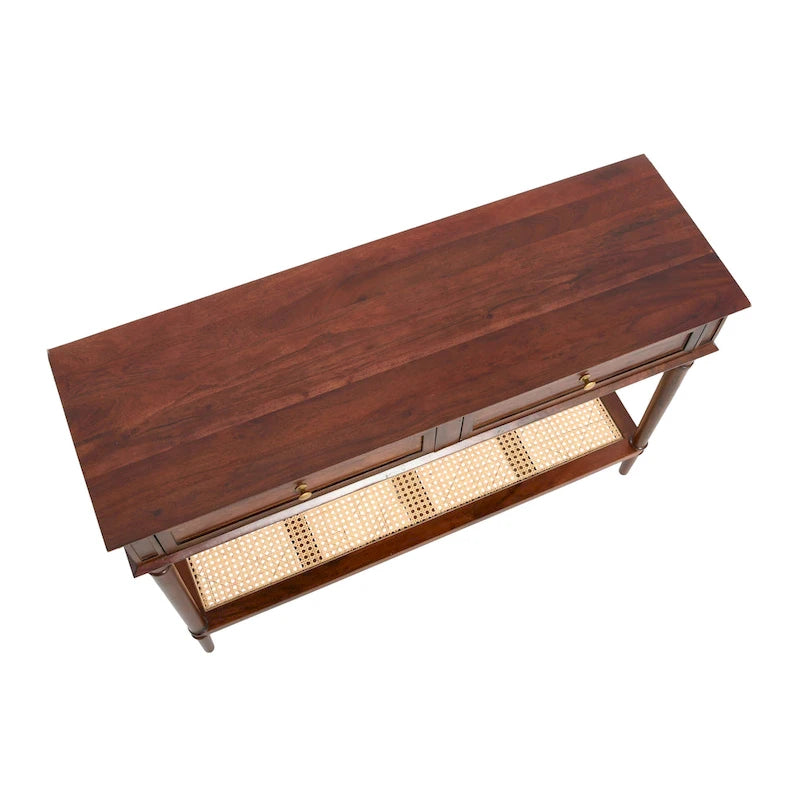 Narrow Console Table with Two Drawers and Natural Cane Shelf, Walnut Brown