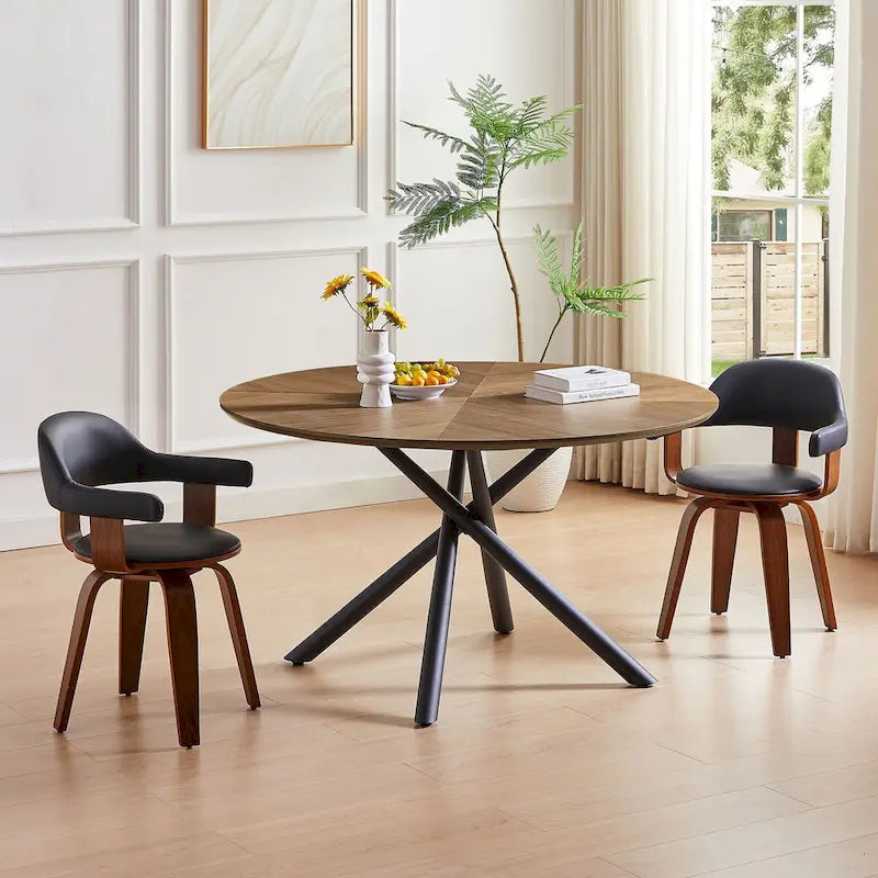 Round MDF Top Dining Table with X-Cross Metal Legs in Black or Walnut